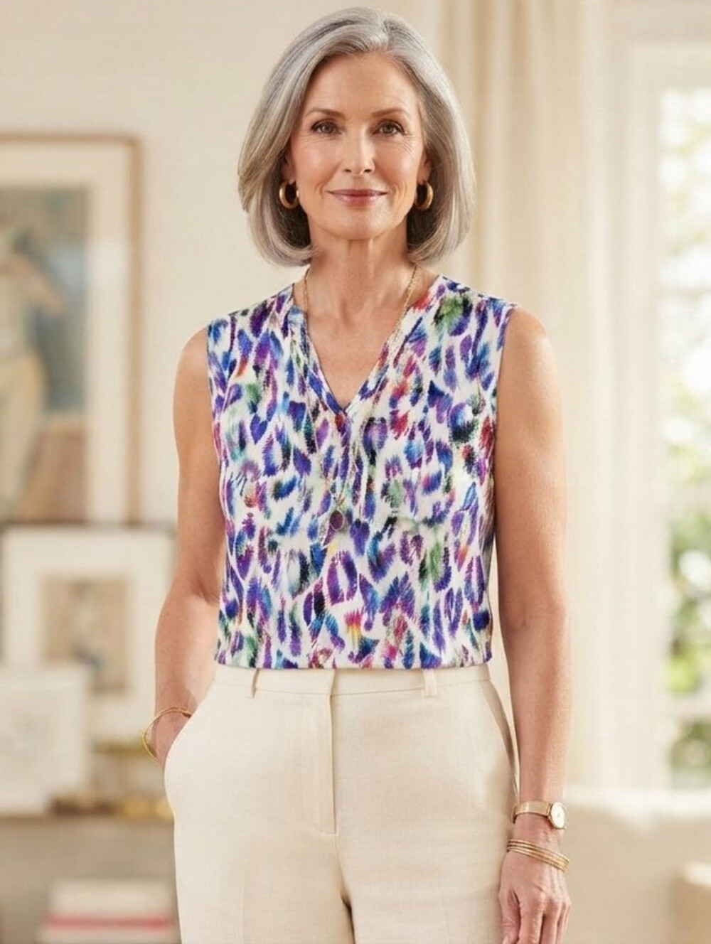 CAbi Rainbow Feathers Print Sleeveless Blouse Size XS